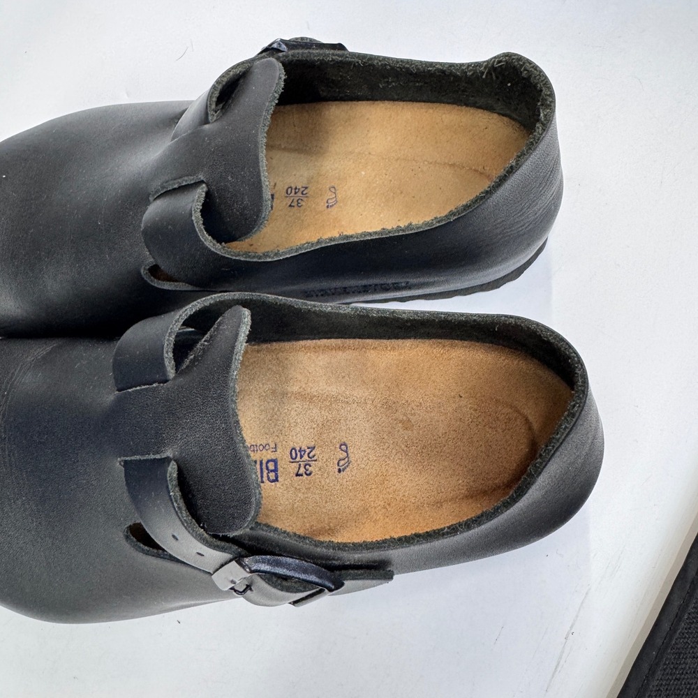 Birkenstock London Shoes Womens 37 US 6-6.5 Black Leather Clog Comfort Footbed - Picture 5 of 9